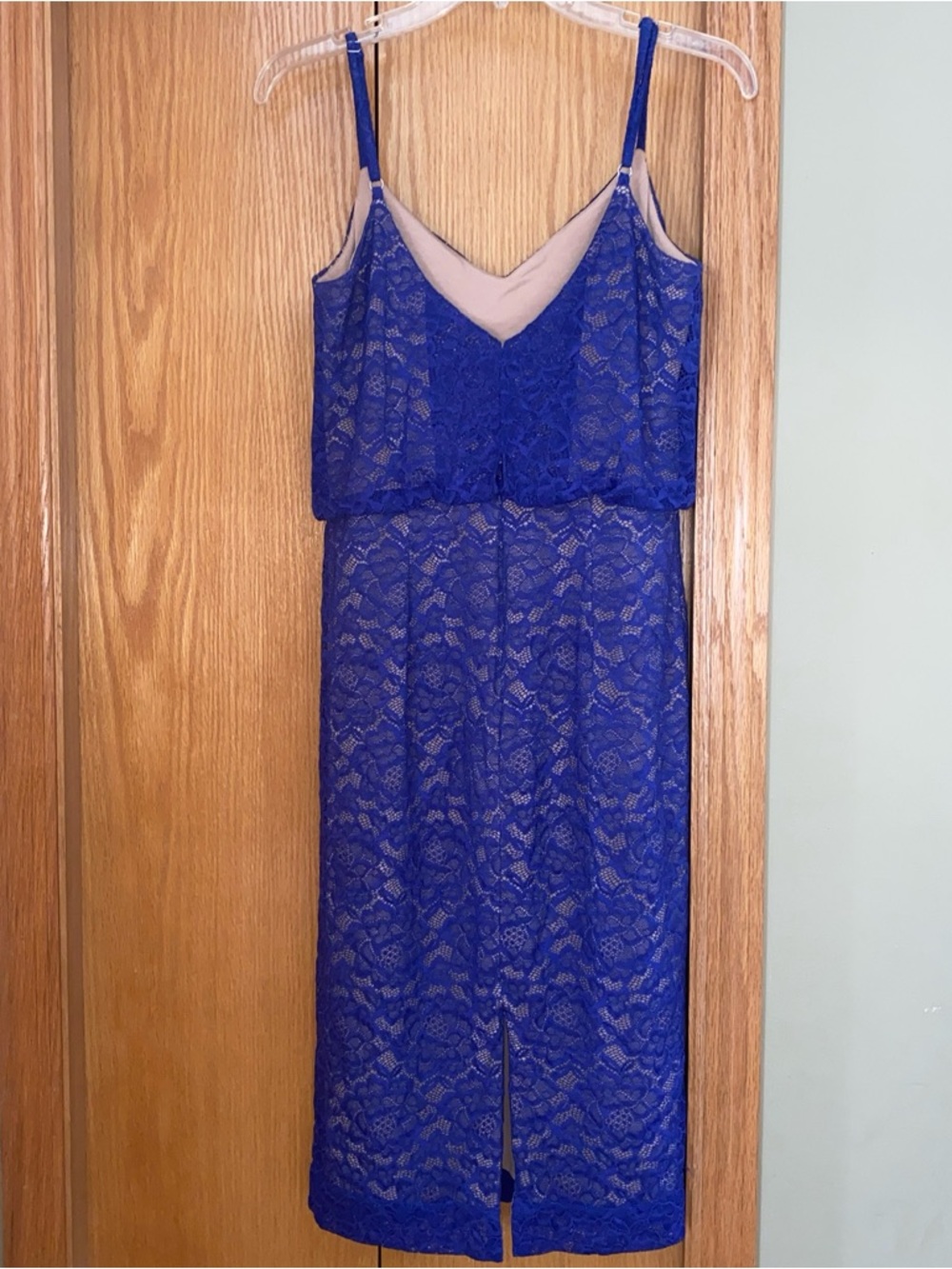 Dress the Population Alisha Body-Con Midi Dress M Blue Lace Beige Blouson Lined - Picture 4 of 10